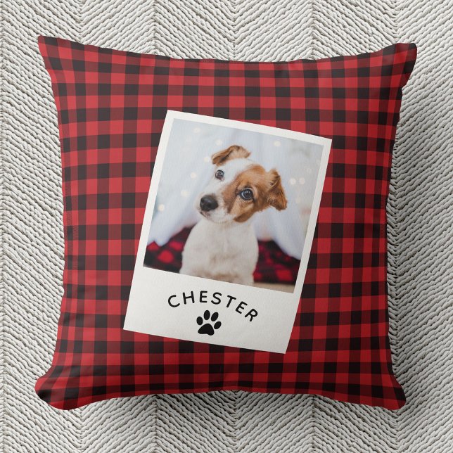 Modern Rustic Pet Photo Red Plaid Dog Mom Cat Throw Pillow (Creator Uploaded)