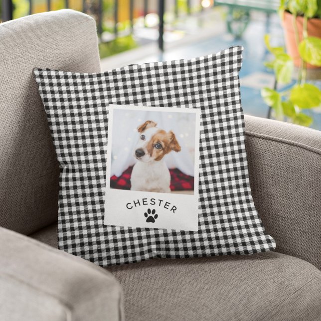 Modern Rustic Pet Photo Vichy Plaid Dog Mom Cat Throw Pillow (Creator Uploaded)