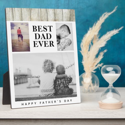 Modern Rustic Photo Collage Best Dad Father`s Day Plaque - Modern Rustic Photo Collage Best Dad Father`s Day Plaque. Customizable photo plaque with 3 photo collage and rustic wood background pattern. Insert 3 of your favorite photos into the templates. Customize the text on the plaque. The perfect gift for a dad on Father's day or birthdays.
