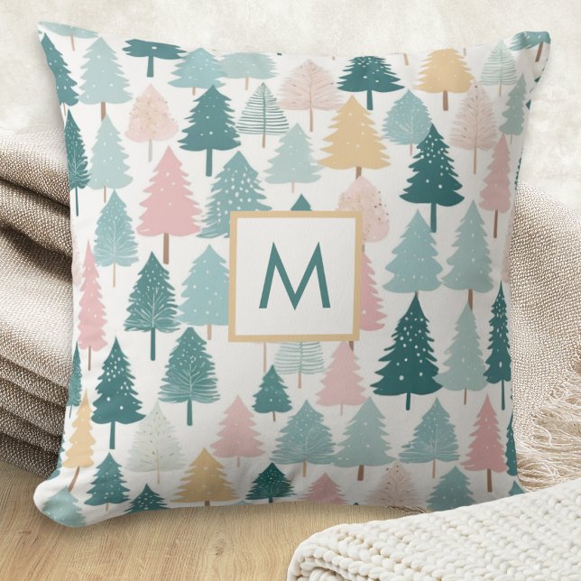 Modern Rustic Pine Forest Christmas Trees Monogram Throw Pillow (A monogrammed throw pillow with Christmas pine trees pattern in pastel colors)