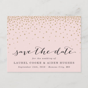 Modern Rustic Pink & Gold Stars Save the Date Announcement Postcard