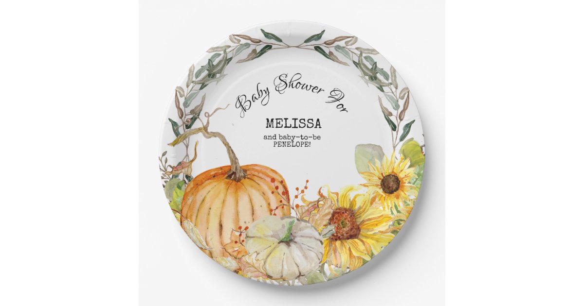 Modern Rustic Pumpkin Leaves Sunflower Baby Shower Paper ...