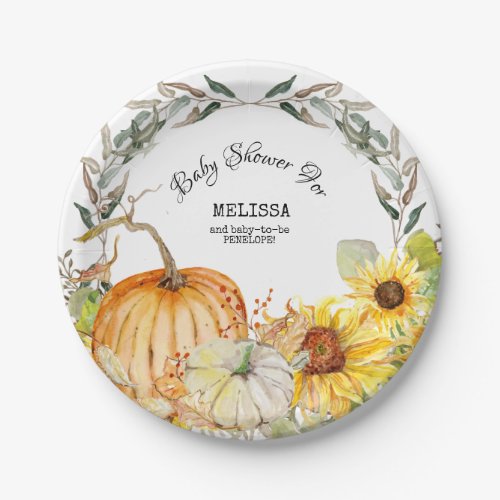 Modern Rustic Pumpkin Leaves Sunflower Baby Shower Paper Plates