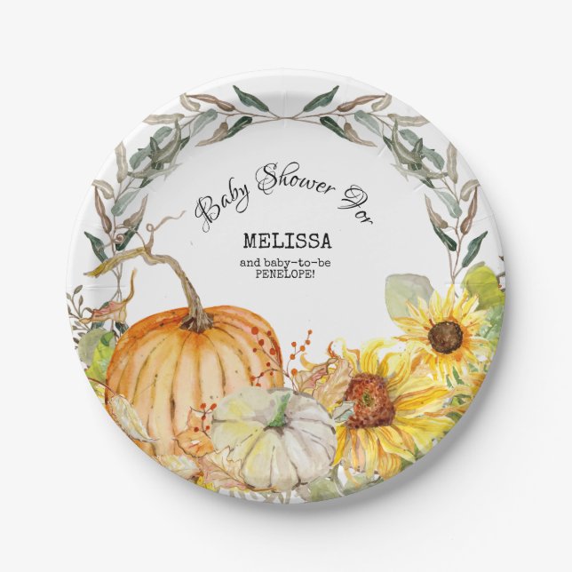 Modern Rustic Pumpkin Leaves Sunflower Baby Shower Paper Plates (Front)