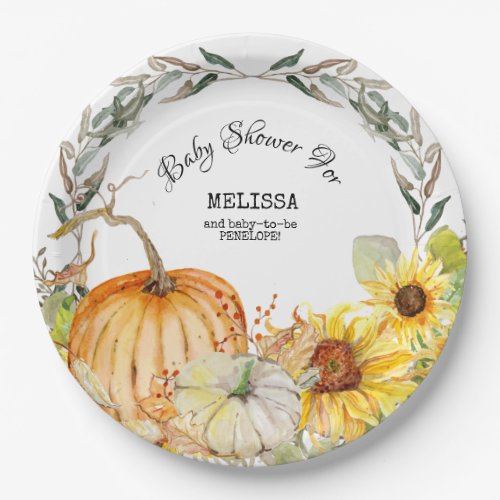 Modern Rustic Pumpkin Leaves Sunflower Baby Shower Paper Plates