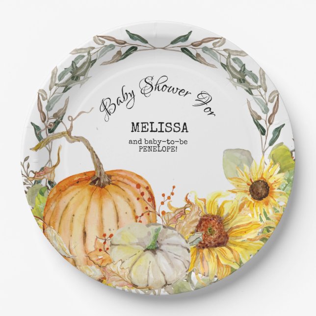 Modern Rustic Pumpkin Leaves Sunflower Baby Shower Paper Plates (Front)