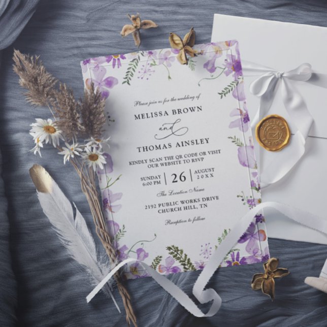 Modern Rustic Purple Flower Budget QR Code Wedding Invitation (Creator Uploaded)