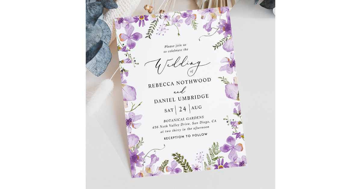 Modern Rustic Purple Flowers Wedding Invitation Zazzle