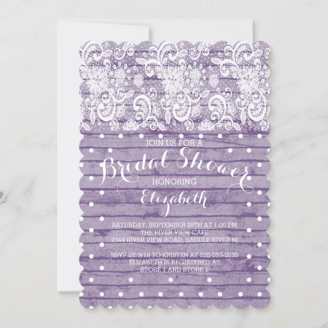 Modern Rustic Purple Lace Bridal Shower Invitation | Zazzle