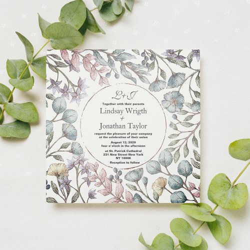 Modern rustic purple pink green floral Wedding Invitation