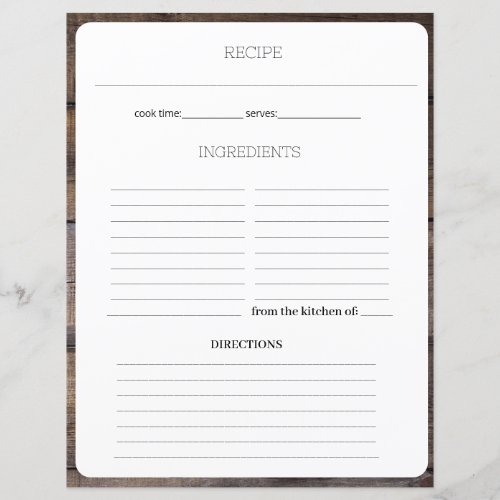 Modern Rustic Recipe Cookbook Lined Sheet Page 