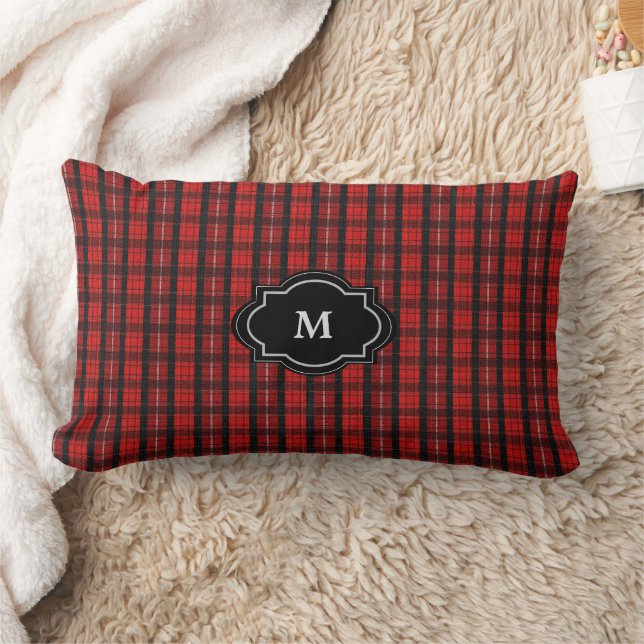 Modern rustic red black buffalo plaid Monogram Lumbar Pillow (Blanket)