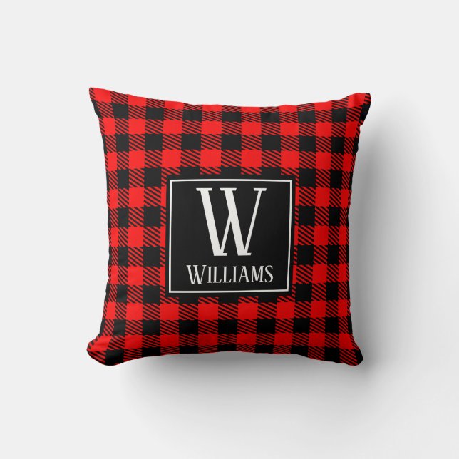 Modern Rustic Red Buffalo Plaid Checkered Monogram Throw Pillow (Front)