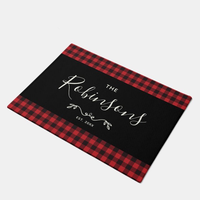 Modern Rustic Red Buffalo Plaid Family Script Doormat (Angled)