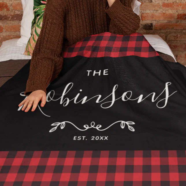 Modern Rustic Red Buffalo Plaid Family Script Fleece Blanket
