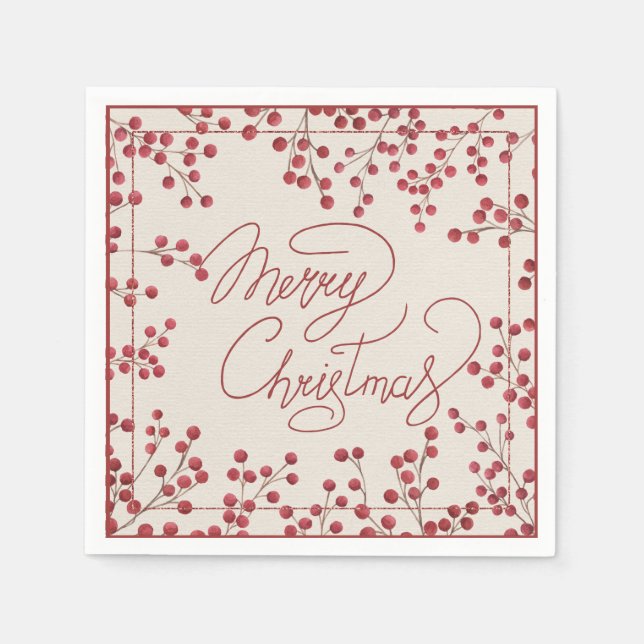 Modern Rustic Red Fire Berry Merry Christmas Napkins (Front)