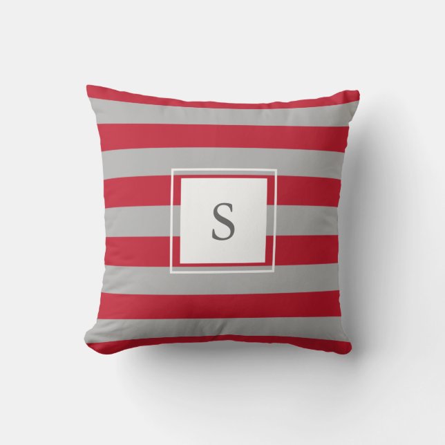 Modern rustic red gray horizontal stripes monogram throw pillow (Front)