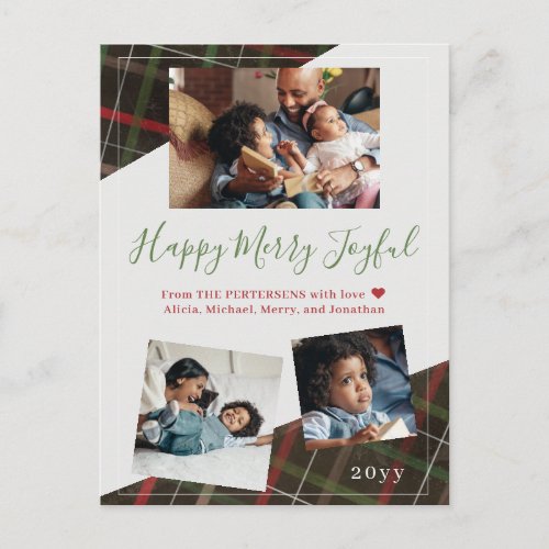 Modern rustic red green plaid 3 family photos holiday postcard