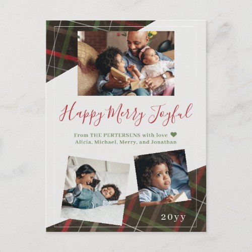 Modern rustic red green plaid 3 family photos holiday postcard