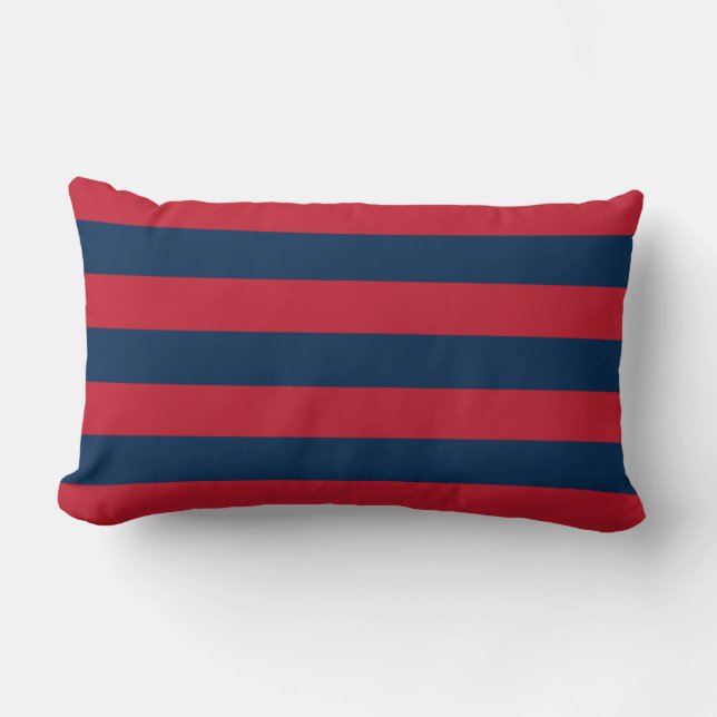 Modern rustic red navy blue horizontal stripes lumbar pillow (Front)