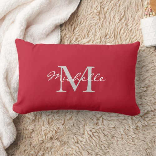 Modern rustic red personal monogram and name lumbar pillow