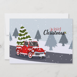 Modern Rustic Red Pickup Truck with Christmas Tree Holiday Card