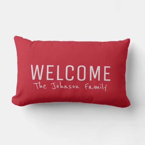 Modern rustic red Welcome Family monogram Lumbar Pillow