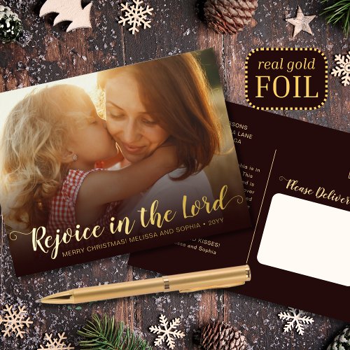 Modern Rustic Religious Christmas Gold Foil Holiday Postcard