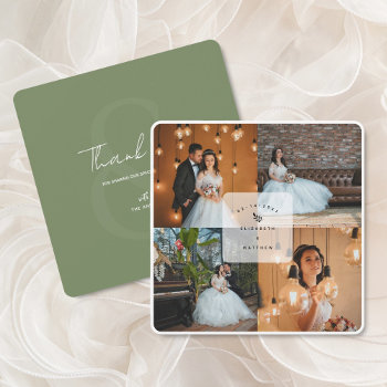 Modern Rustic Sage Green 4 Photo Collage Wedding Thank You Card by littleteapotdesigns at Zazzle