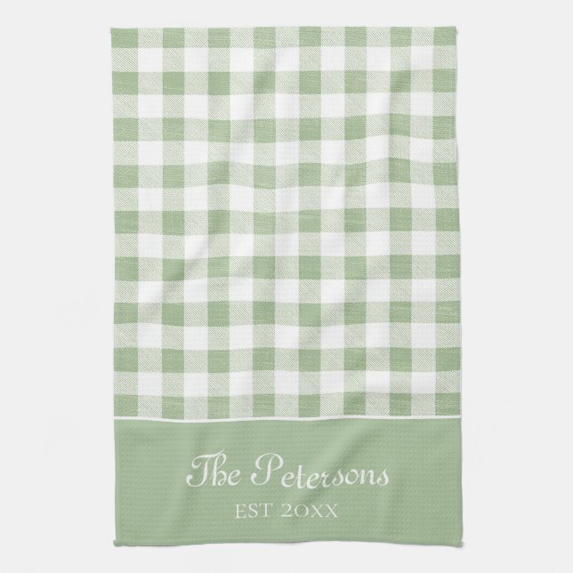 Modern Rustic Sage White Gingham Family Name Kitchen Towel (Vertical)