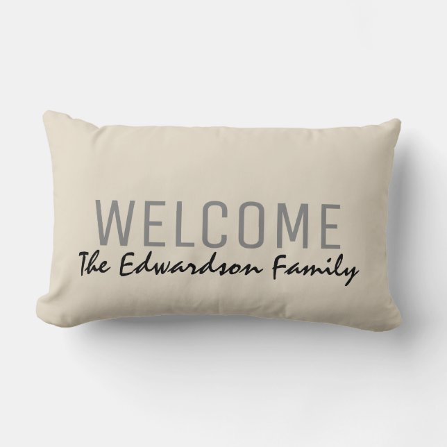Modern rustic sand Welcome Family monogram name Lumbar Pillow (Front)