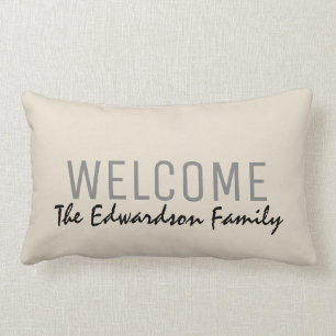 Modern rustic sand Welcome Family monogram name Lumbar Pillow