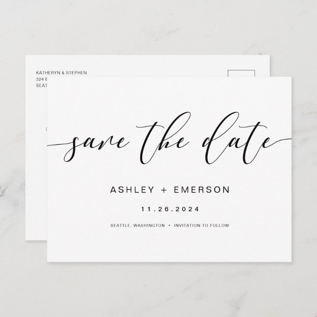 Modern Rustic Script Calligraphy Save The Date Postcard (Front/Back)