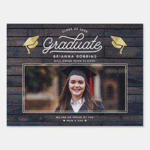 Modern Rustic Script Gold Graduate Photo Wood Sign