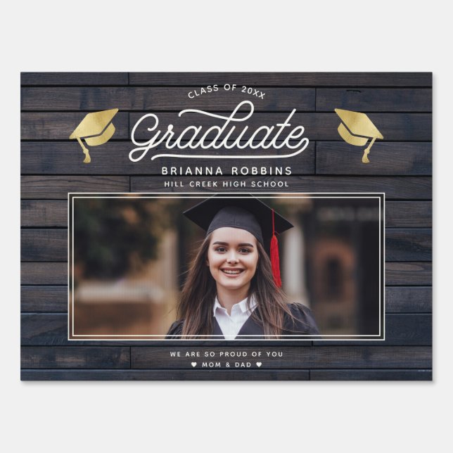 Modern Rustic Script Gold Graduate Photo Wood Sign (Front)