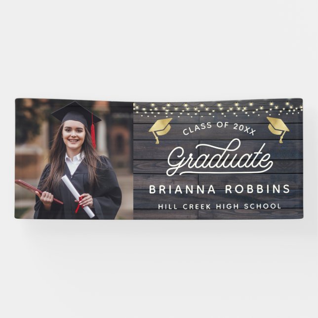 Modern Rustic Script Gold Graduation Photo Wood Banner (Horizontal)