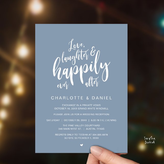 Modern Rustic Script Happily Ever After Wedding Invitation (Modern Rustic Script Love Laughter and Happily Ever After Wedding Invitation Card in Dusty Blue)