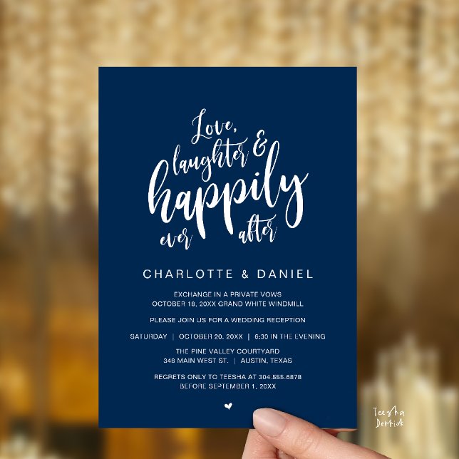 Modern Rustic Script Happily Ever After Wedding Invitation (Modern Rustic Script Love Laughter and Happily Ever After Wedding Invitation Card in Navy Blue)