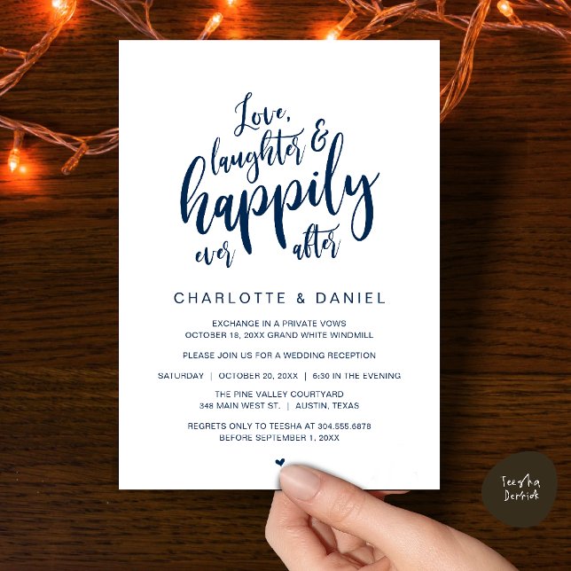 Modern Rustic Script Happily Ever After Wedding Invitation (Modern Rustic Script Love Laughter and Happily Ever After Wedding Invitation Card in Navy Blue)
