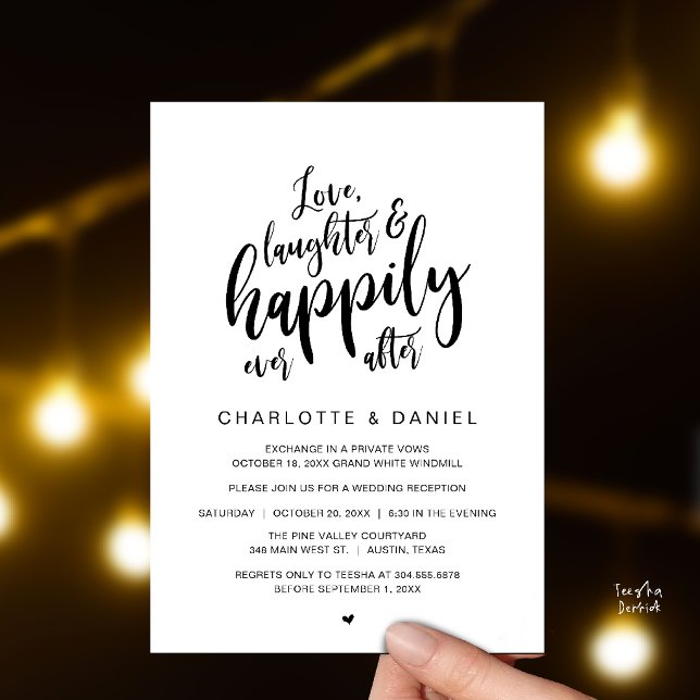 Modern Rustic Script Happily Ever After Wedding Invitation (Modern Rustic Script Love Laughter and Happily Ever After Wedding Invitation Card in Black and White)