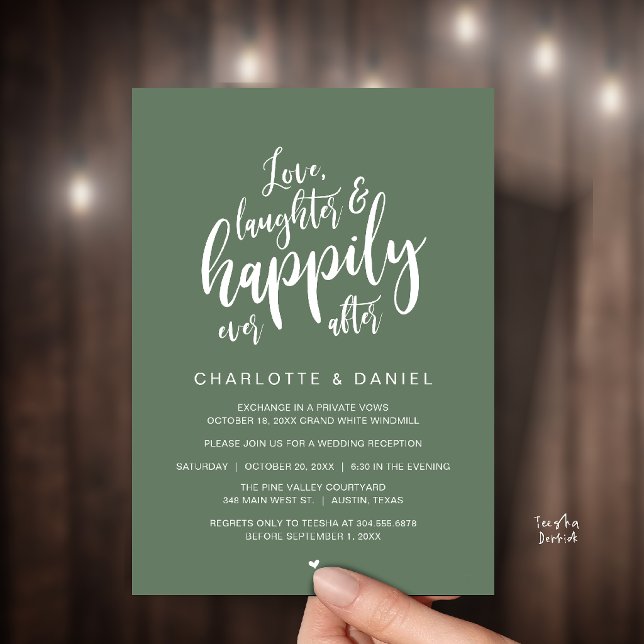 Modern Rustic Script Happily Ever After Wedding Invitation (Modern Rustic Script Love Laughter and Happily Ever After Wedding Invitation Card in Sage Green)