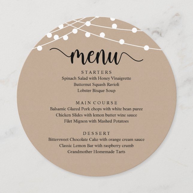Modern Rustic Script, String Lights Wedding Dinner Menu (Front)