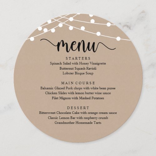 Modern Rustic Script String Lights Wedding Dinner Menu