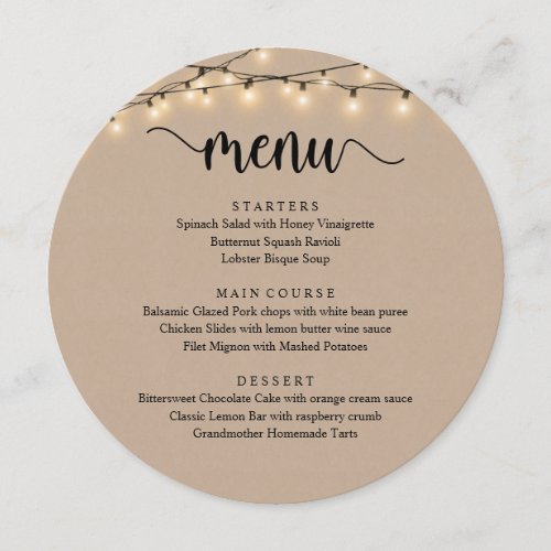 Modern Rustic Script String Lights Wedding Dinner Menu