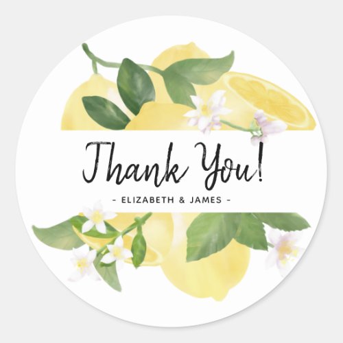 Modern Rustic Script Thank You Watercolor Lemon Classic Round Sticker