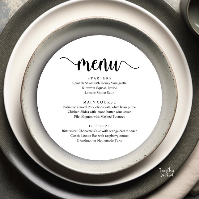 Modern Rustic Script, Wedding Elopement Dinner  Menu (Modern Rustic Script, Wedding Elopement Dinner Menu in Black and White)
