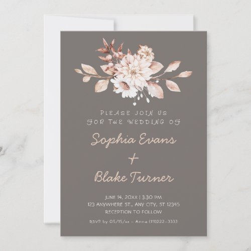 Modern Rustic Soft Floral Dark Silver Wedding Invitation