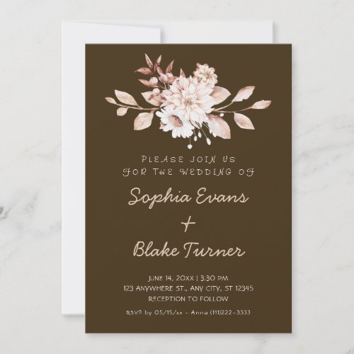 Modern Rustic Soft Floral Mocha Brown Wedding Invitation