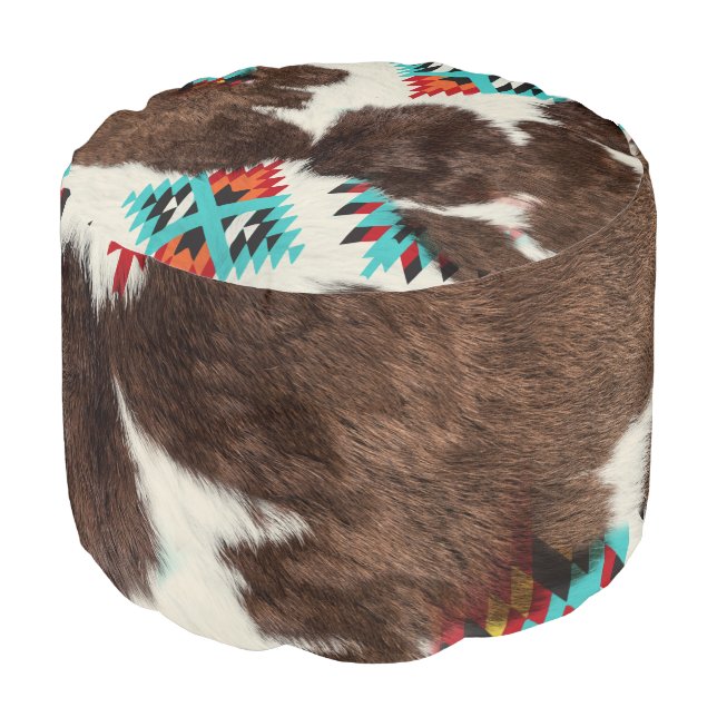 Modern Rustic South Western Cowhide Aztec Pattern Pouf (Angled Front)