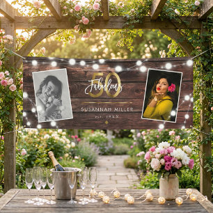 Modern Rustic String Lights Gold Fab 50th Birthday Banner